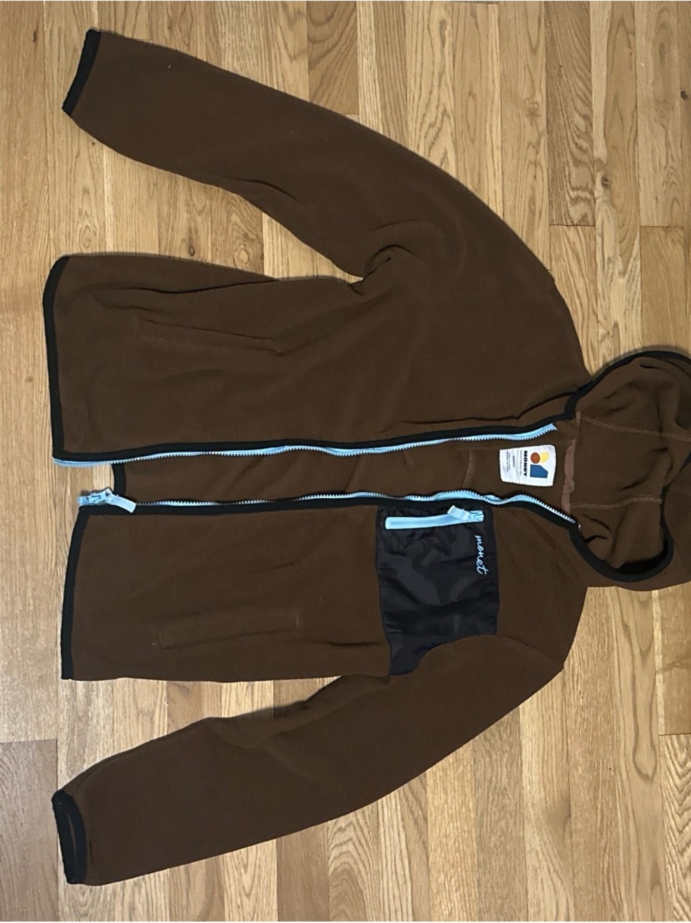 Monet brown zip up with blue accents and zipper